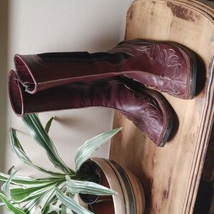 Vintage Burgundy Leather Appliqued Boots 6.5-7
